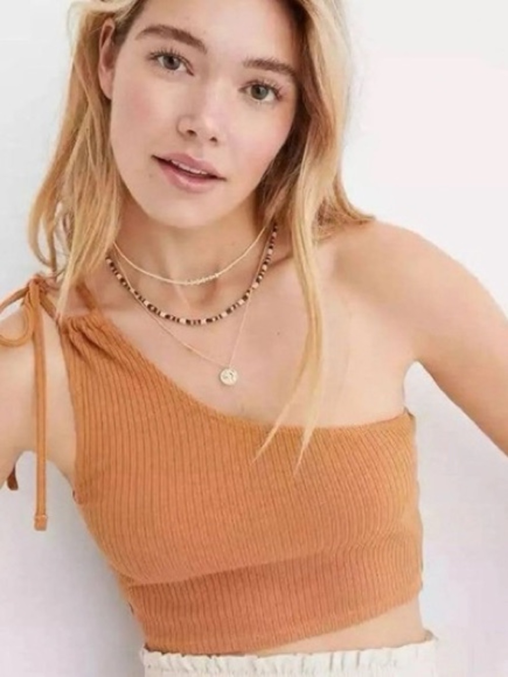 aerie Ribbed One-Shoulder Crop Top in Camel Brown medium